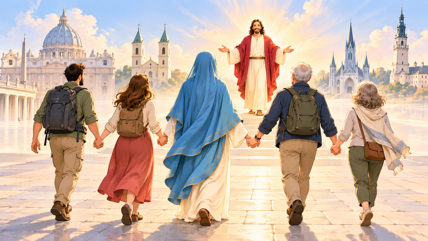 María acompañando a peregrinos hacia Jesús, con santuarios al fondo